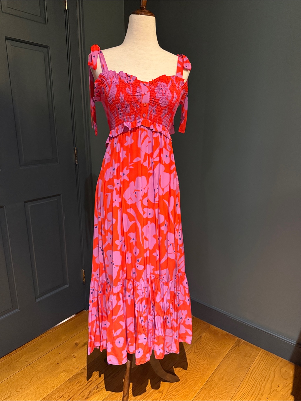 Bright Pink & Red Floral Midi Dress - Sleeveless Tie-Strap